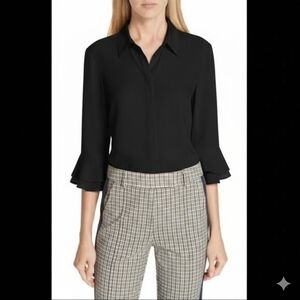 Tory Burch Arianne Black Tiered Bell-Sleeve 100% Silk Blouse